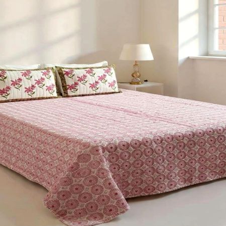 Handcrafted Pink Floral Mulmul Cotton Quilted Double Bedcover